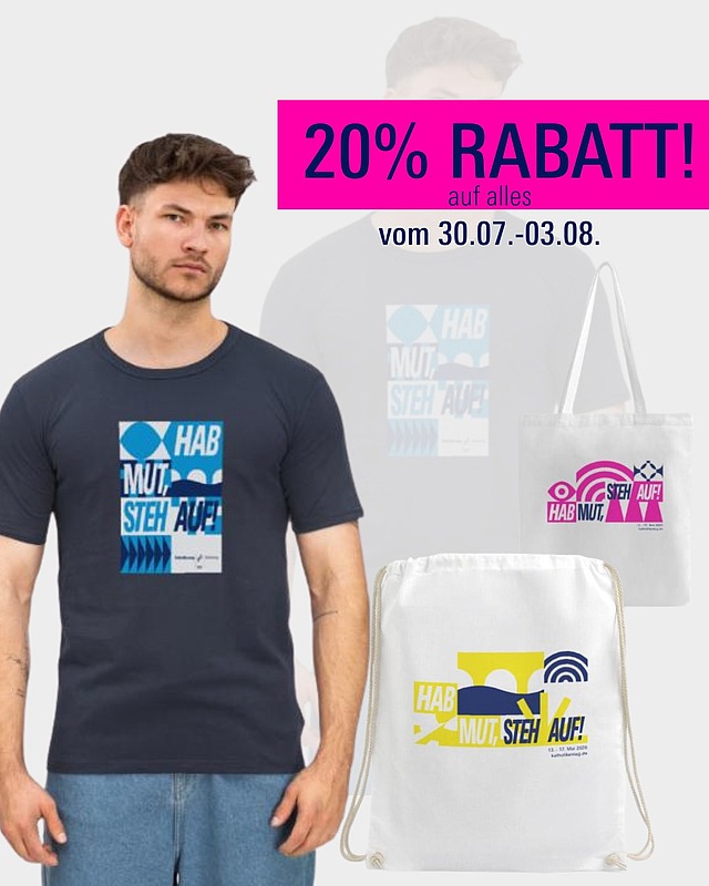 💡20% Rabatt auf alles: vom 30.07.-03.08.
Ihr könnt euch T-Shirts, Pullover und Hoodies, Stoffbeutel, Turnbeutel, Kissen und Sticker im Katholikentags-Design bestellen!
Wo? über katholikentag.myspreadshop.de 📦
Dabei kann man unter den verschiedenen Motiven unserer Werbelinie auswählen: Lieblingsfarbe, Design, passende Größe – ganz individuell!
📌Alle anderen Produkte des Katholikentags findet ihr unter: katholikentag.de/shop
#katholikentag2026 #shop #rabatt #würzburg