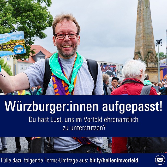 📢 Du lebst in Würzburg oder Umgebung und hast Lust dich ehrenamtlich bei uns zu engagieren? 🙌
Wir suchen motivierte Menschen, die uns bei wichtigen lokalen Aktionen, Flyerverteilungen und anderen spannenden Projekten für den Katholikentag unterstützen möchten.

Wenn Du gemeinsam etwas mit uns bewegen willst, melde dich gerne bei uns! 💪
📧 Fülle dazu folgende Forms-Umfrage aus: bit.ly/helfenimvorfeld

Wir freuen uns über deine Unterstützung!

#katholikentag2026 #Würzburg #Ehrenamt